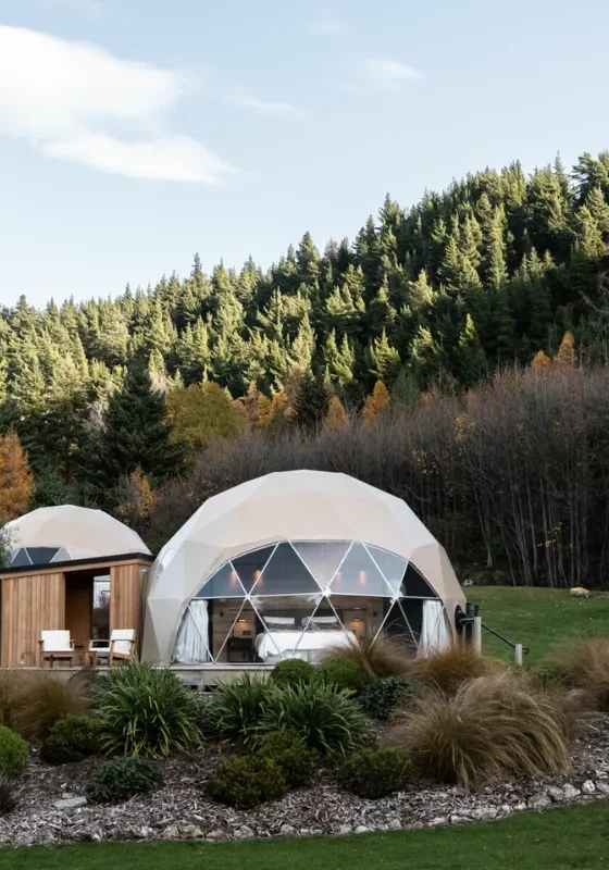 View from the outside of the Cross Hill Glamping tents in Wanaka.