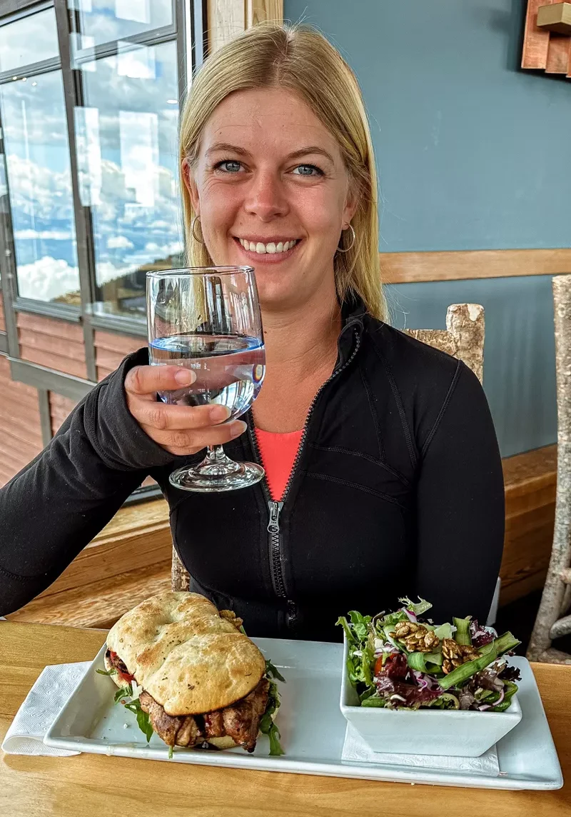 Jo eating lunch at the highest restaurant in Canada. Eagles Eye Restaurant in Golden, BC.