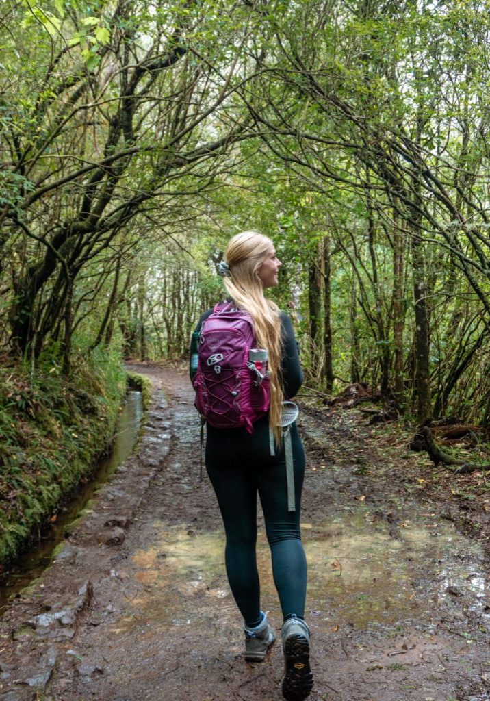A girl walking on a trail in between beautiful trees next to a levada in Madeira
