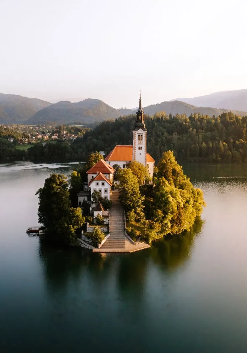 Photo of Bled Island in the middle of Lake Bled.