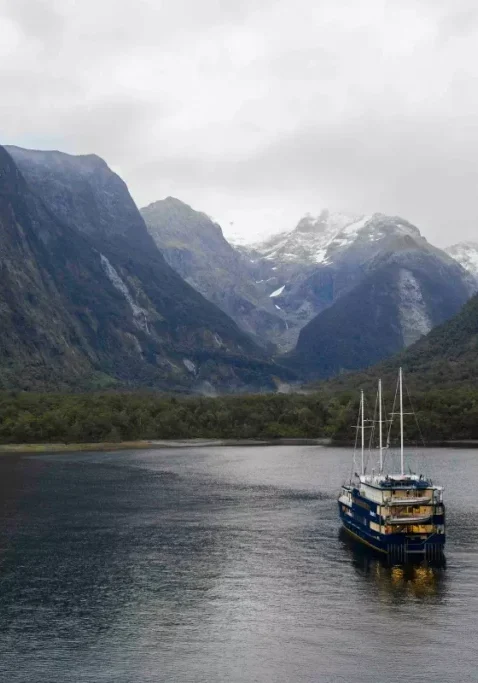 A blue cruise boat floats in a still fjord in Milford, surrounded by steep, forested mountains with snow-capped peaks in the background under a cloudy sky.