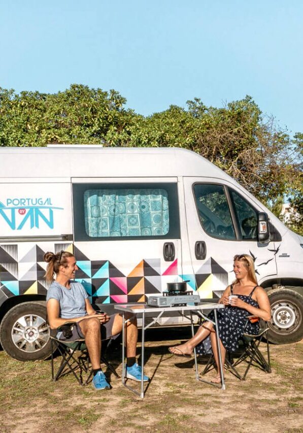 Couple enjoying lunch at a campground in Portugal.
