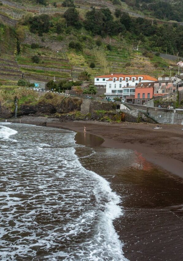 Black sand beach at Praia de Seixal Beach in Madeira