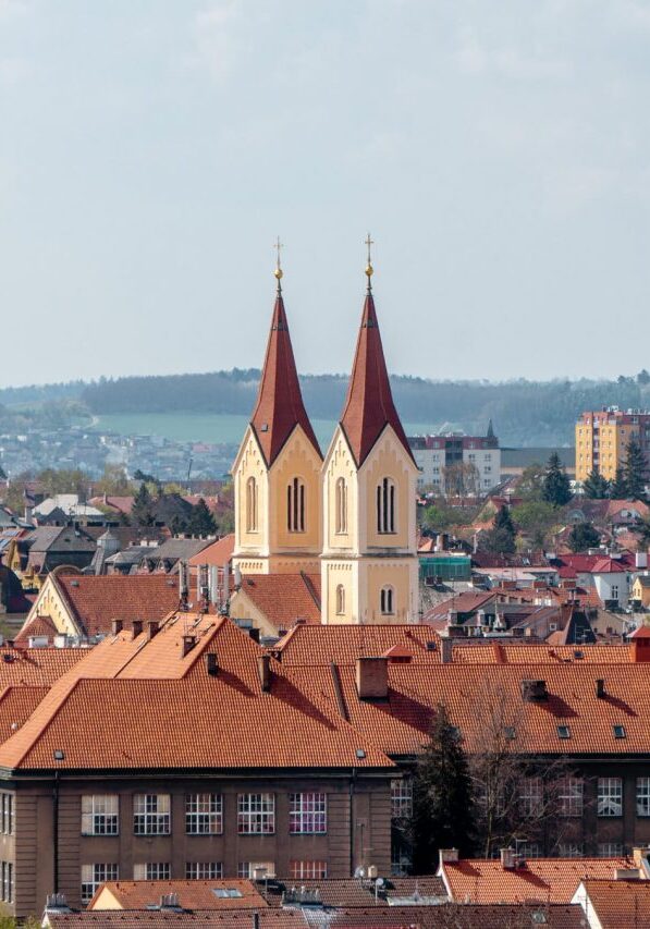 Photo of two church towers in Pilsen.